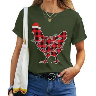 Red Plaid Pajama Chicken Santa Hat Christmas Lights Women T-shirt - Thegiftio UK