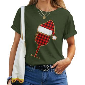 Red Plaid Wine Cup And Christmas Santa Hat Women T-shirt | Mazezy