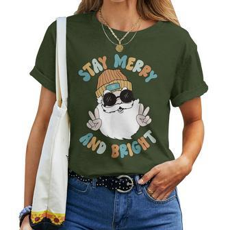 Retro Groovy Christmas Merry Stay Bright Santa Claus Peace Women T-shirt - Monsterry