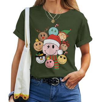 Retro Groovy Santa Smile Face Elf Snowman Christmas Trendy Women T-shirt - Thegiftio UK