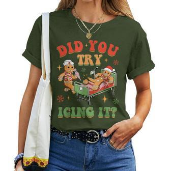Retro Icu Nurse Christmas Gingerbread Did You Try Icing It Women T-shirt - Seseable