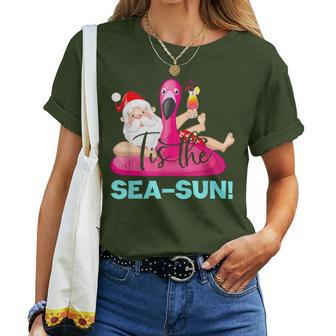 Santa Claus Flamingo Float Tis The Sea-Sun Christmas In July Women T-shirt - Monsterry