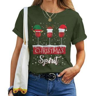 Three Red Wine Glasses Christmas Spirit Santa Elf Reindeer Women T-shirt | Mazezy