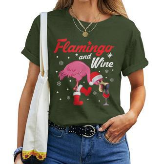 Wine Drinking Flamingo Christmas Women T-shirt | Mazezy