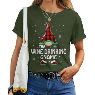 Wine Drinking Gnome Buffalo Plaid Matching Family Christmas Women T-shirt | Mazezy