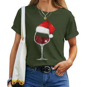 Wine Glass Christmas T Wine Lovers Santa Hat Women T-shirt | Mazezy
