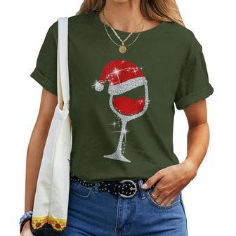 Wine Glasses Santa Hat Bling Christmas Wine Lover Women T-shirt | Mazezy UK