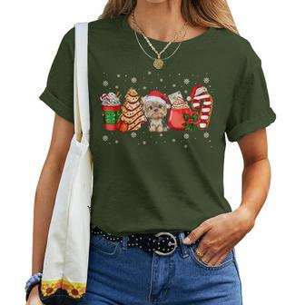 Yorkie Dog Christmas Pajamas Coffee Latte Xmas Tree Women T-shirt - Seseable