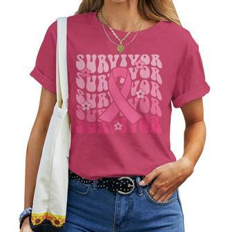 Breast Cancer Awareness Boho Groovy Pink Ribbon Survivor Women T-shirt - Seseable