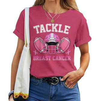 Tackle Breast Cancer Awareness Football Pink Ribbon Women T-shirt - Seseable