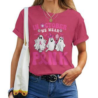 Wear Pink Breast Cancer Warrior Ghost Halloween Groovy Women T-shirt - Seseable