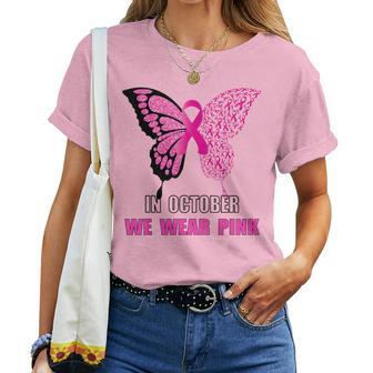 In October We Wear Pink Butterfly Breast Cancer Awareness Women T-shirt - Seseable