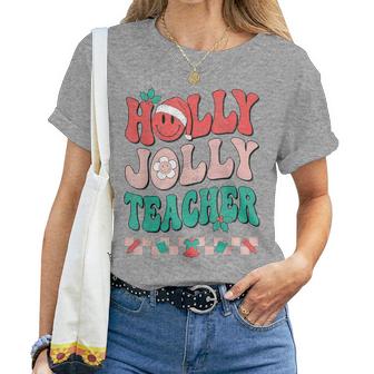 Groovy Retro Holly Xmas Jolly Teacher Christmas Vibes Hippie Women T-shirt - Seseable