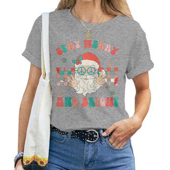Retro Groovy Stay Merry And Bright Santa Claus Christmas Women T-shirt | Mazezy