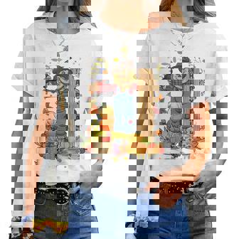 0W7o Scarecrow Pumpkin Garden Hello Fall Autumn Thanksgiving Thanksgiving Women T-shirt | Mazezy