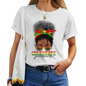 1865 Junenth Celebrate Messy Bun Melanin Black Women Women Crewneck Short T-shirt - Thegiftio UK