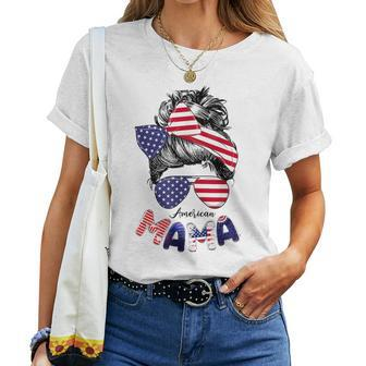 4Th Of July American Mama Messy Bun Mom Life Patriotic Mom For Mom Women T-shirt | Mazezy