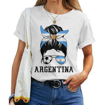 Argentinian Soccer Girl Mom Messy Bun Argentina Football Fan Women T-shirt | Mazezy