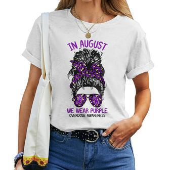 In August We Wear Purple Ribbon Overdose Awareness Messy Bun Women T-shirt - Monsterry