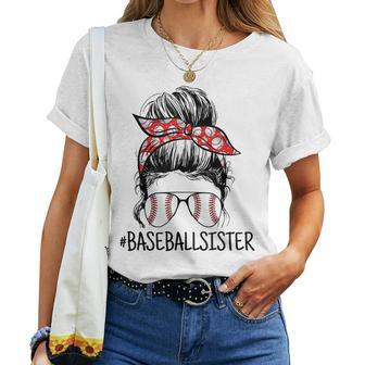 Baseball Sister Proud Sister Messy Bun Baseball Sunglasses Women T-shirt | Mazezy