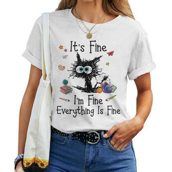 Black Cat It's Fine I'm Fine Everything Is Fine Teacher Xmas Women T-shirt | Mazezy