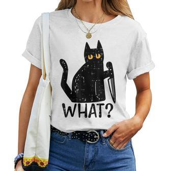 Black Cat What Knife Funny Murderous Halloween Pet Men Women Women T-shirt - Seseable