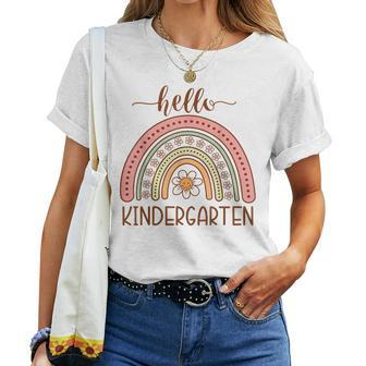 Boho Rainbow Hello Kindergarten First Day Of School Teacher Women T-shirt Short Sleeve Graphic - Thegiftio UK