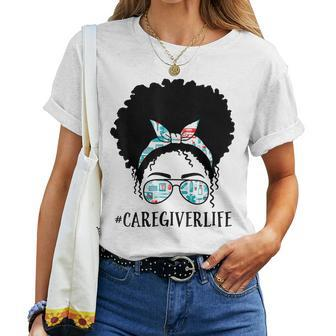 Caregiver Black Afro Messy Bun Crew African American Women Women T-shirt | Mazezy UK