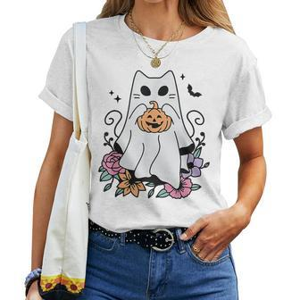 Cat Ghosts Boo Halloween Retro Pumpkin Floral Flowers Women T-shirt - Monsterry AU