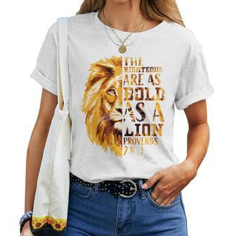 Christian Bible Verse Proverbs 28 Lion Graphic On Back Women T-shirt | Mazezy