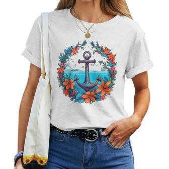 Colorful Flowers Pattern Floral Nautical Sailing Boat Anchor Women T-shirt | Mazezy