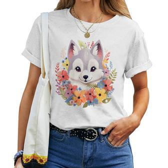 Cute Baby Wolf Animal Wild Fall Flowers In Pastel Colors Women T-shirt | Mazezy
