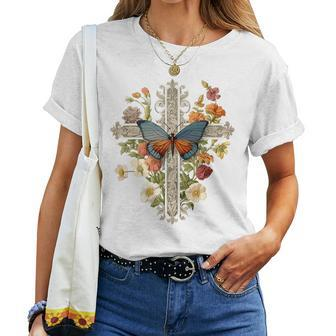 Cute Christian Boho Faith Cross Butterflies Women & Girls Faith Women T-shirt | Mazezy