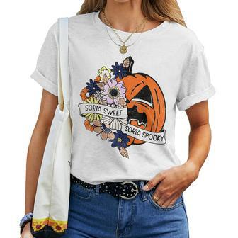 Cute Halloween Costume Fall Pumpkin Sorta Sweet Sorta Spooky Halloween Costume Women T-shirt | Mazezy
