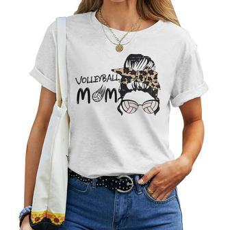 Cute Mothers Day Volleyball Mom Leopard Print Messy Bun Women T-shirt Casual Daily Crewneck Short Sleeve Graphic Basic Unisex Tee