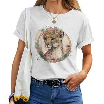 Cute Watercolor Cheetah Flower Crown Safari Animal Lover Women T-shirt - Thegiftio UK