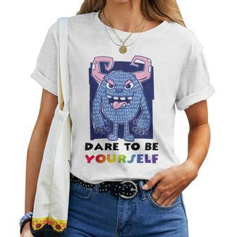 Dare To Be Yourself Gay Pride Vintage Rainbow Lgbt Monster Women T-shirt Crewneck | Mazezy