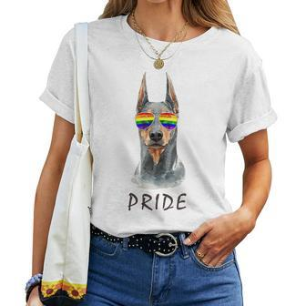 Doberman Pinscher Sunglasses Pride Lgbt Rainbow Flag Women T-shirt | Mazezy