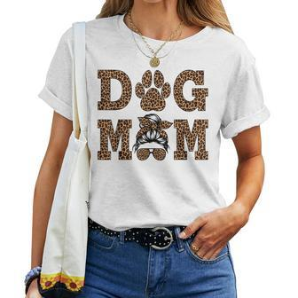 Dog Mom Leopard Messy Bun Dogs Lover Women T-shirt Casual Daily Crewneck Short Sleeve Graphic Basic Unisex Tee