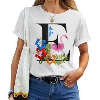 E Letter Hawaii Party Aloha Flamingo Hibiscus Flower Women T-shirt | Mazezy