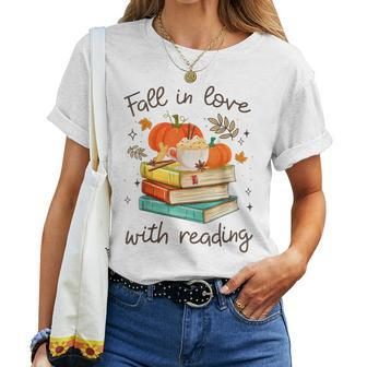 Fall In Love With Reading Book Autumn Pumpkins And Teachers Women T-shirt - Monsterry DE