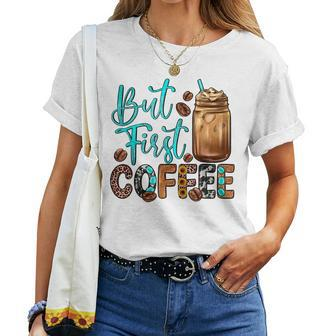 But First Coffee Lover Saying Quotes Leopard Plaid Women T-shirt Casual Daily Basic Unisex Tee | Mazezy