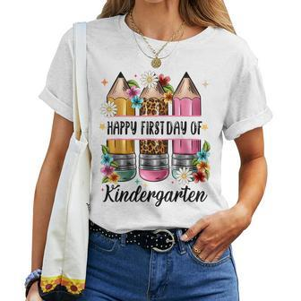 First Day Kindergarten Teacher Leopard Pencil Back To School Women T-shirt - Seseable