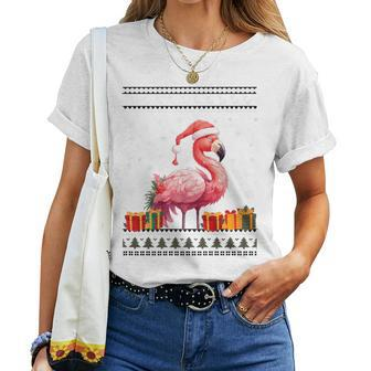 Flamingo Christmas Santa Hat Ugly Christmas Sweater Women T-shirt - Monsterry AU