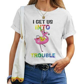 Flamingo I Get Us Into Trouble Wine Lover Women T-shirt | Mazezy