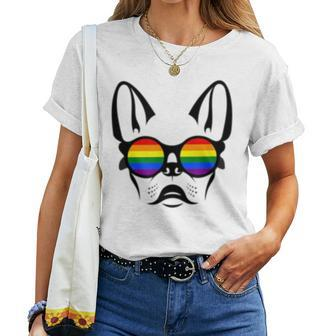 Gay French Bulldog With Rainbow Pride Sunglasses Women T-shirt | Mazezy