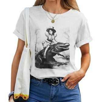 Girl Riding Alligator | Weird Funny Florida Crocodile Meme Women T-shirt Short Sleeve Graphic - Thegiftio UK