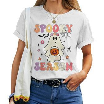 Groovy Halloween Ghost Holding Pumpkin Spooky Season Women T-shirt | Mazezy