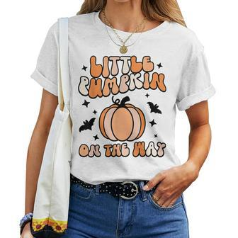 Halloween Pregnancy Little Pumpkin On The Way Groovy Women T-shirt - Seseable