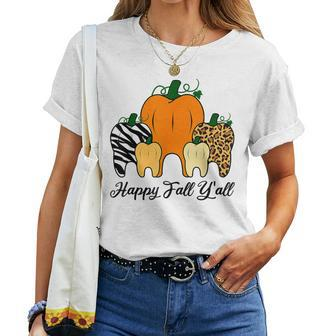 Happy Fall Y'all Pumpkin Tooth Lepard Zebra Halloween Dental Women T-shirt - Monsterry CA